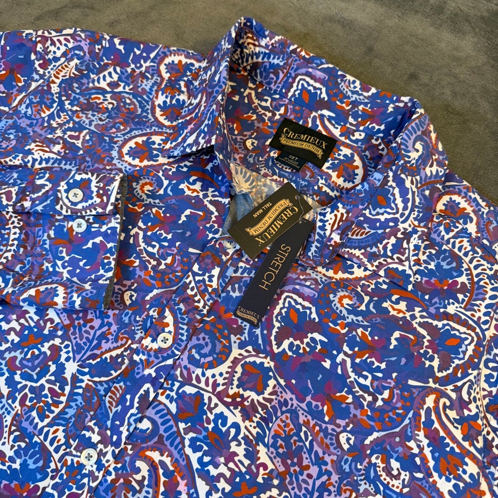 Cremieux Premium Denim Mens 3XT Paisley Stretch Button Up Shirt Blue Purple NWT